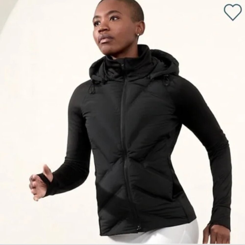 Athleta Inlet Quilted AthLeisure Black Puffer Slim Fit Hooded Jacket Sz MED